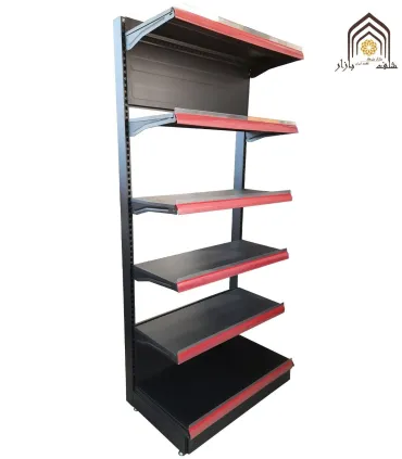 قفسه یکطرفه فروشگاه هایپرمارکت با طراحی مشبک از سامان انبار شرق طوس برای بهبود نمایش کالاها.