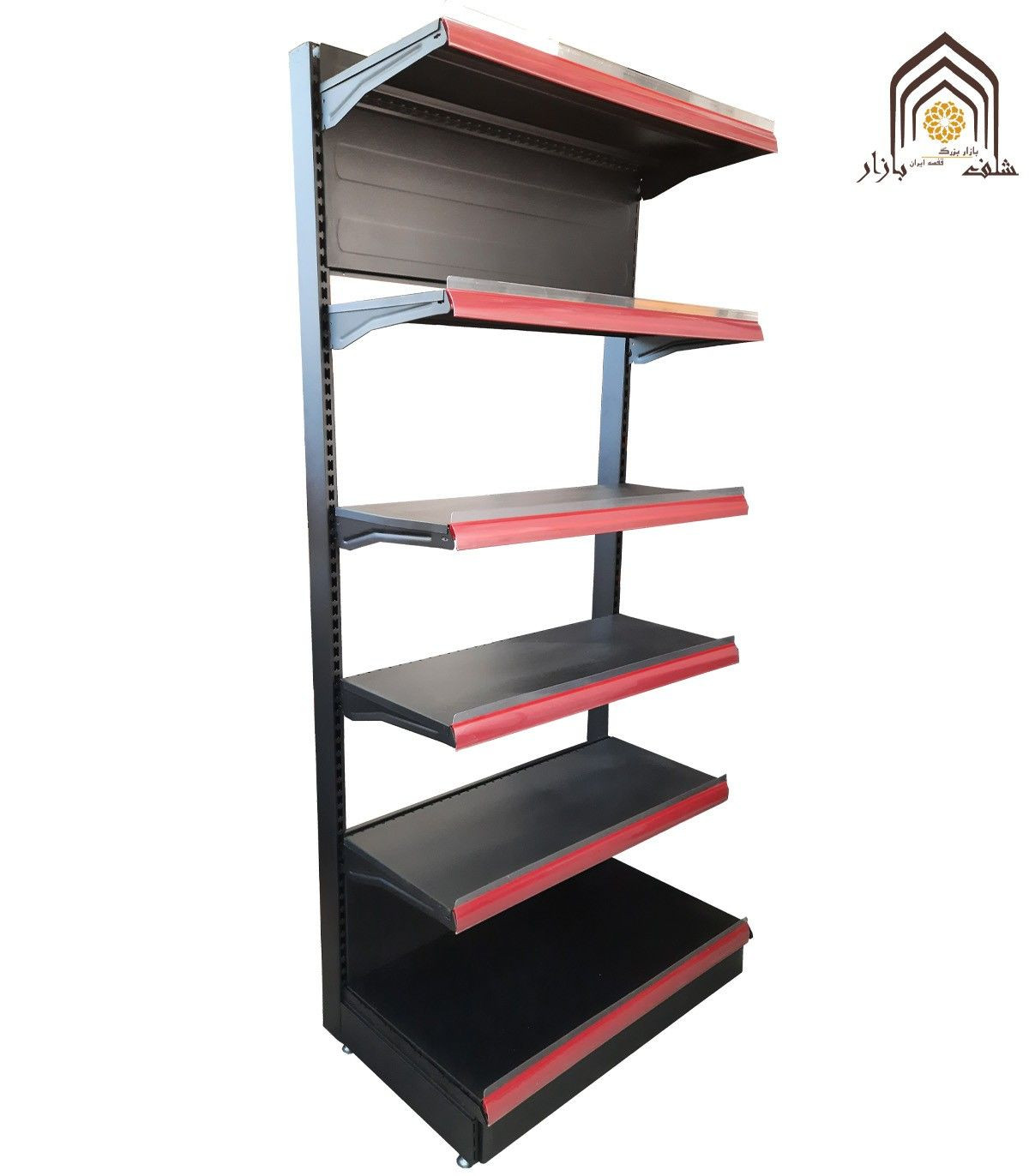 قفسه یکطرفه فروشگاه هایپرمارکت با طراحی مشبک از سامان انبار شرق طوس برای بهبود نمایش کالاها.