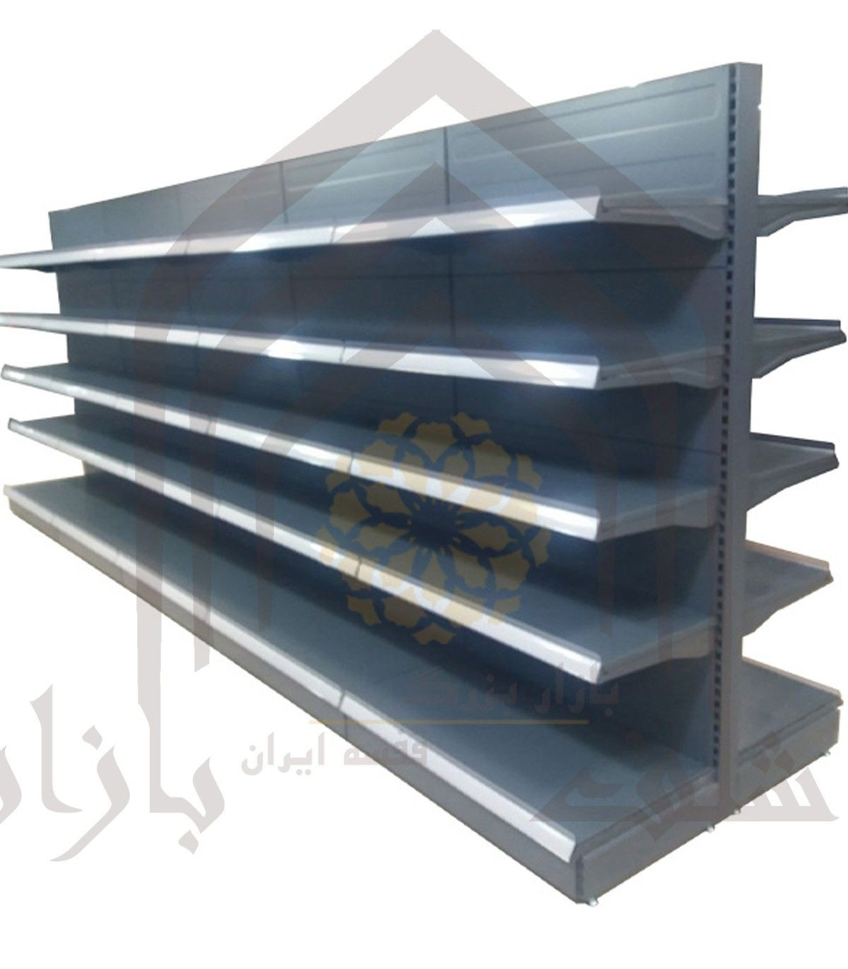 قفسه دوطرفه فروشگاه هایپرمارکت سامان انبار شرق طوس با طراحی مشبک و کارایی بالا مناسب برای نمایش محصولات است.