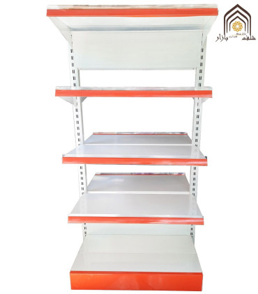 قفسه فلزی وسط فروشگاهی با طراحی مشبک مناسب ساماندهی محصولات در فروشگاه ها و انبارها.