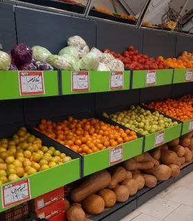 قفسه فلزی میوه فروشگاهی سامان انبار شرق طوس با میوه‌های تازه و رنگارنگ\n\nگوشه‌ای از فروشگاه با قفسه‌های مرتب میوه.