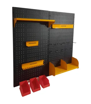 تخته ابزار حرفه‌ای با قفسه و جعبه‌های منظم برای نگهداری ابزار و تجهیزات در کارگاه.