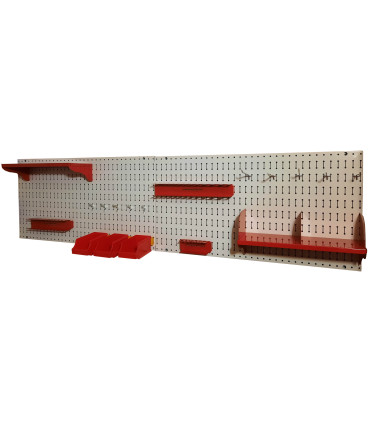 تخته ابزار افقی سفید با قفسه‌های قرمز برای سازماندهی ابزار در محیط‌های کاری و خانگی مناسب است.