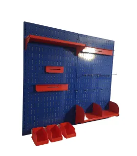 تخته ابزارآلات آبی با قفسه و جعبه‌های تفکیکی برای سازماندهی ابزارها و وسایل مختلف.