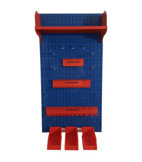 تخته ابزار عمودی آبی با جعبه‌های قرمز، مناسب برای سازماندهی ابزار در محیط کار یا منزل.