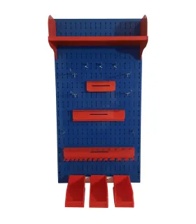 تخته ابزار عمودی آبی با جعبه‌های قرمز، مناسب برای سازماندهی ابزار در محیط کار یا منزل.