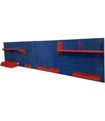 تخته ابزار افقی آبی با قفسه‌های قرمز برای نظم‌دهی و دسترسی آسان به ابزارها و لوازم کار.