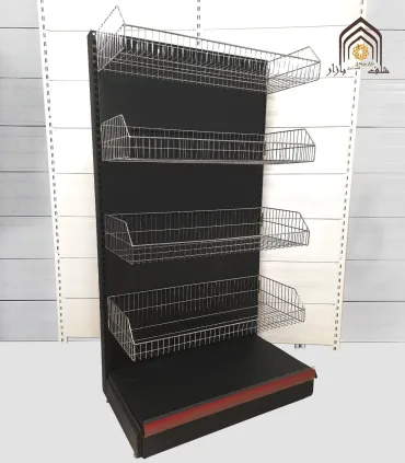 قفسه سبد کناردیوار فروشگاهی سامان انبار شرق طوس با طراحی مشبک برای نظم دهی به محصولات.