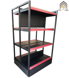 قفسه دوطرفه فروشگاهی کارینا با طراحی مشبک و کیفیت بالا، مناسب برای ساماندهی کالاها در فروشگاه‌ها.