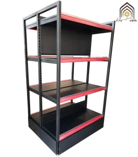 قفسه دوطرفه فروشگاهی کارینا با طراحی مشبک و کیفیت بالا، مناسب برای ساماندهی کالاها در فروشگاه‌ها.