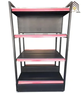 قفسه دوطرفه فروشگاهی کارینا با طراحی مدرن و استحکام بالا، مناسب برای نمایش محصولات در فروشگاه‌ها.