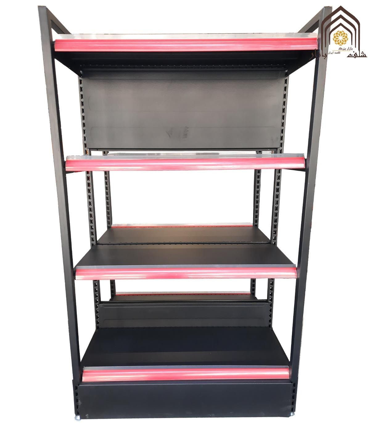 قفسه دوطرفه فروشگاهی کارینا با طراحی مدرن و استحکام بالا، مناسب برای نمایش محصولات در فروشگاه‌ها.