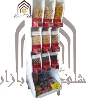 قفسه آجیل و خشکبار الینا استند، مناسب برای نگهداری و ارائه محصولات متنوع با طراحی زیبا و کاربردی.