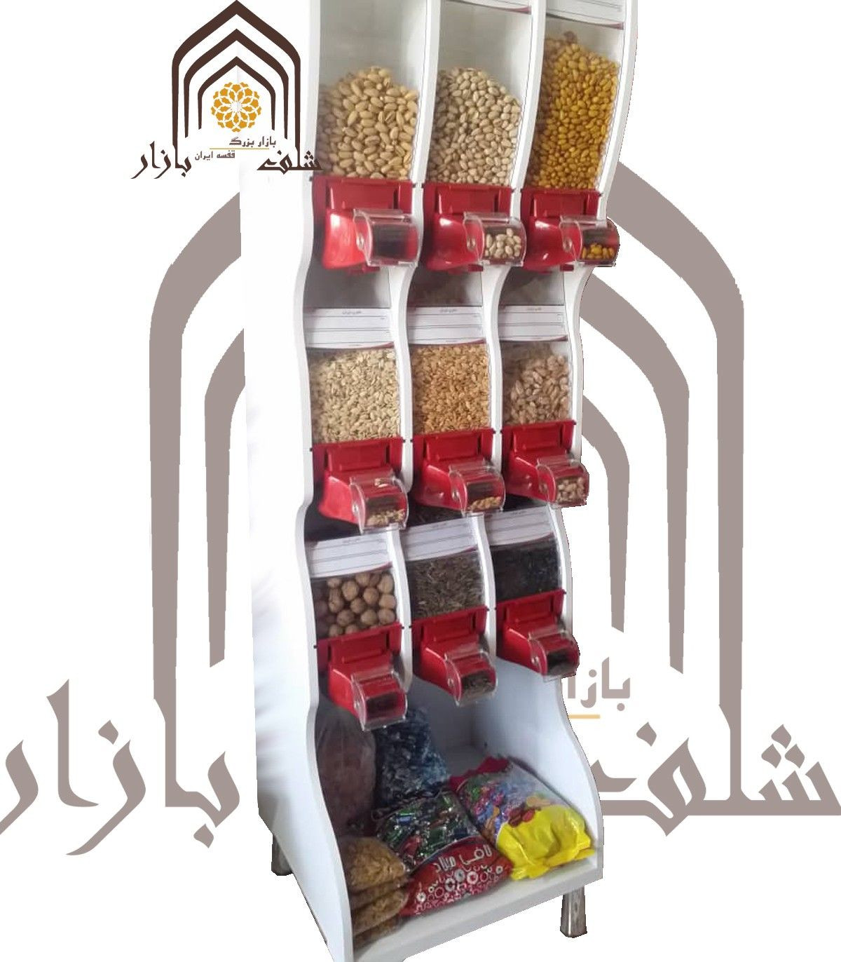 قفسه آجیل و خشکبار الینا استند، مناسب برای نگهداری و ارائه محصولات متنوع با طراحی زیبا و کاربردی.