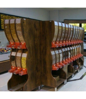 قفسه آجیل خشکبار چهار مخزن آکاربو AKARBU با طراحی شیک و فضای کارآمد برای نگهداری و ارائه محصولات خشکبار.