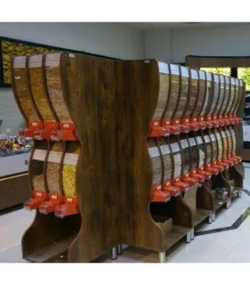 قفسه آجیل خشکبار شش مخزن آکاربو با طراحی زیبا و کارآمد برای حفظ کیفیت و تازه‌گی محصول آمده است.