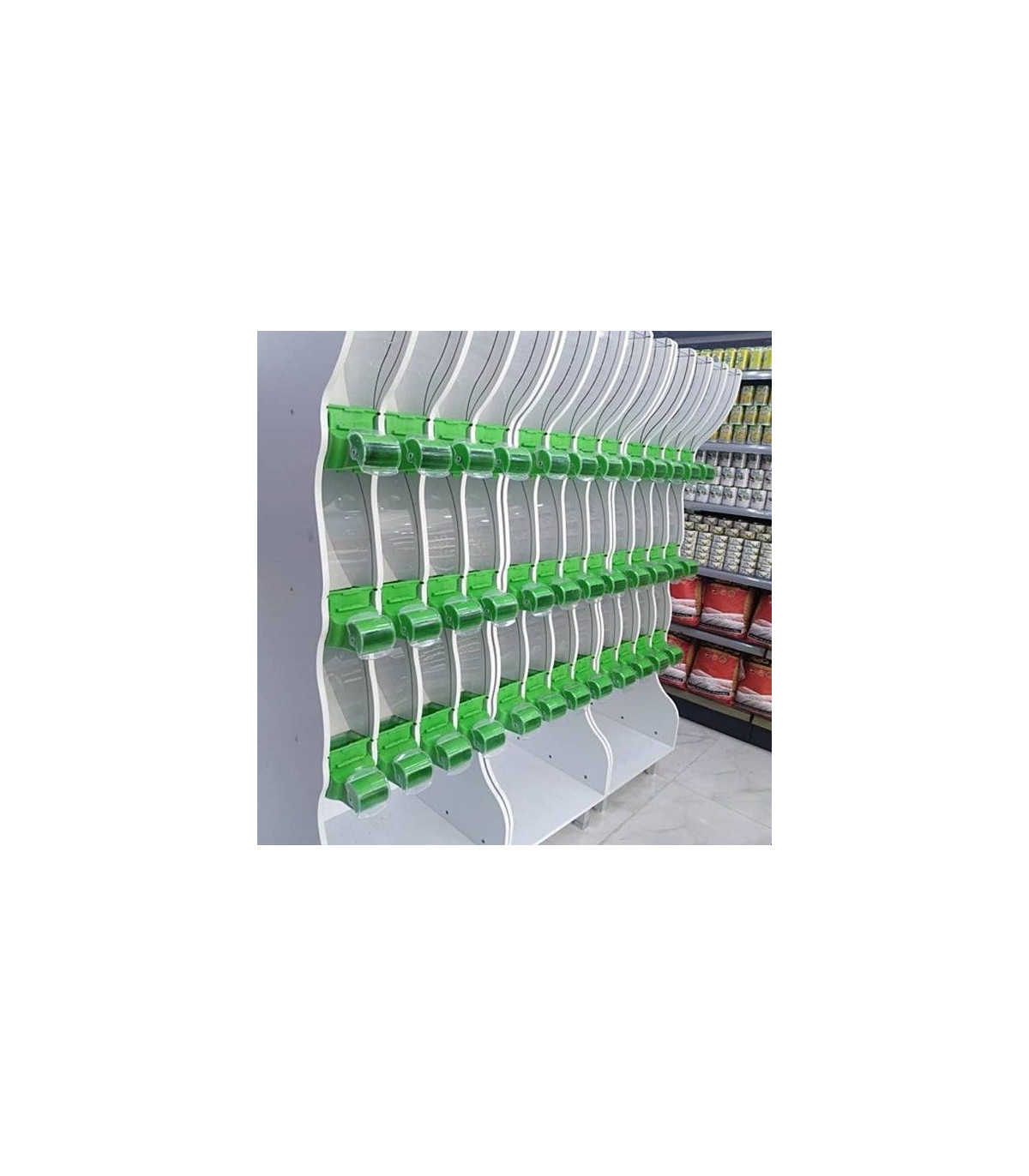 استند آجیل خشکبار 12 مخزن آکاربو با طراحی مدرن و کاربردی برای نگهداری و عرضه محصولات خشکبار.