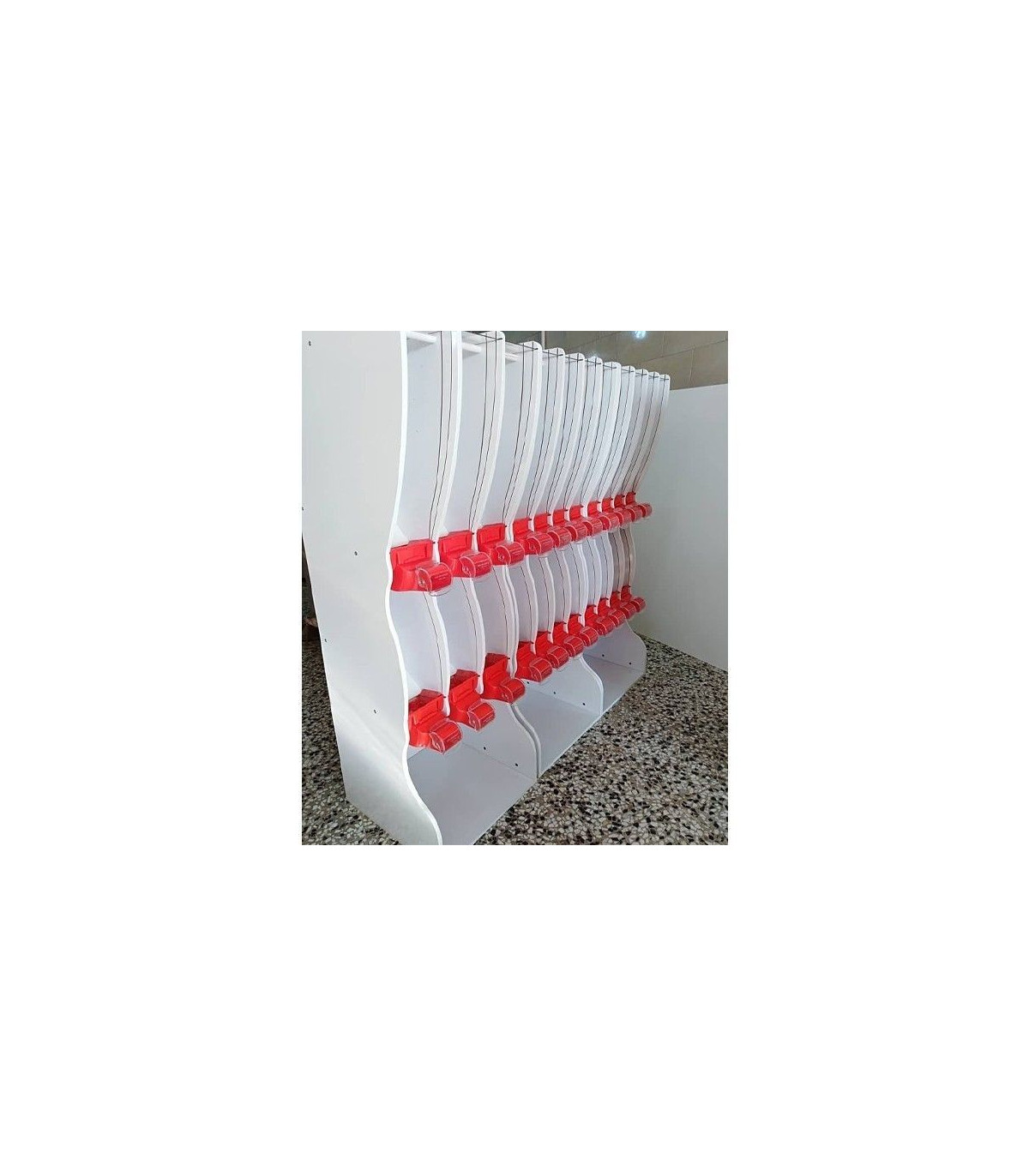 قفسه آجیل خشکبار شش مخزن الینا استند، مناسب برای فروشگاه‌ها و مکان‌های تجاری جهت نظم‌دهی به محصولات.