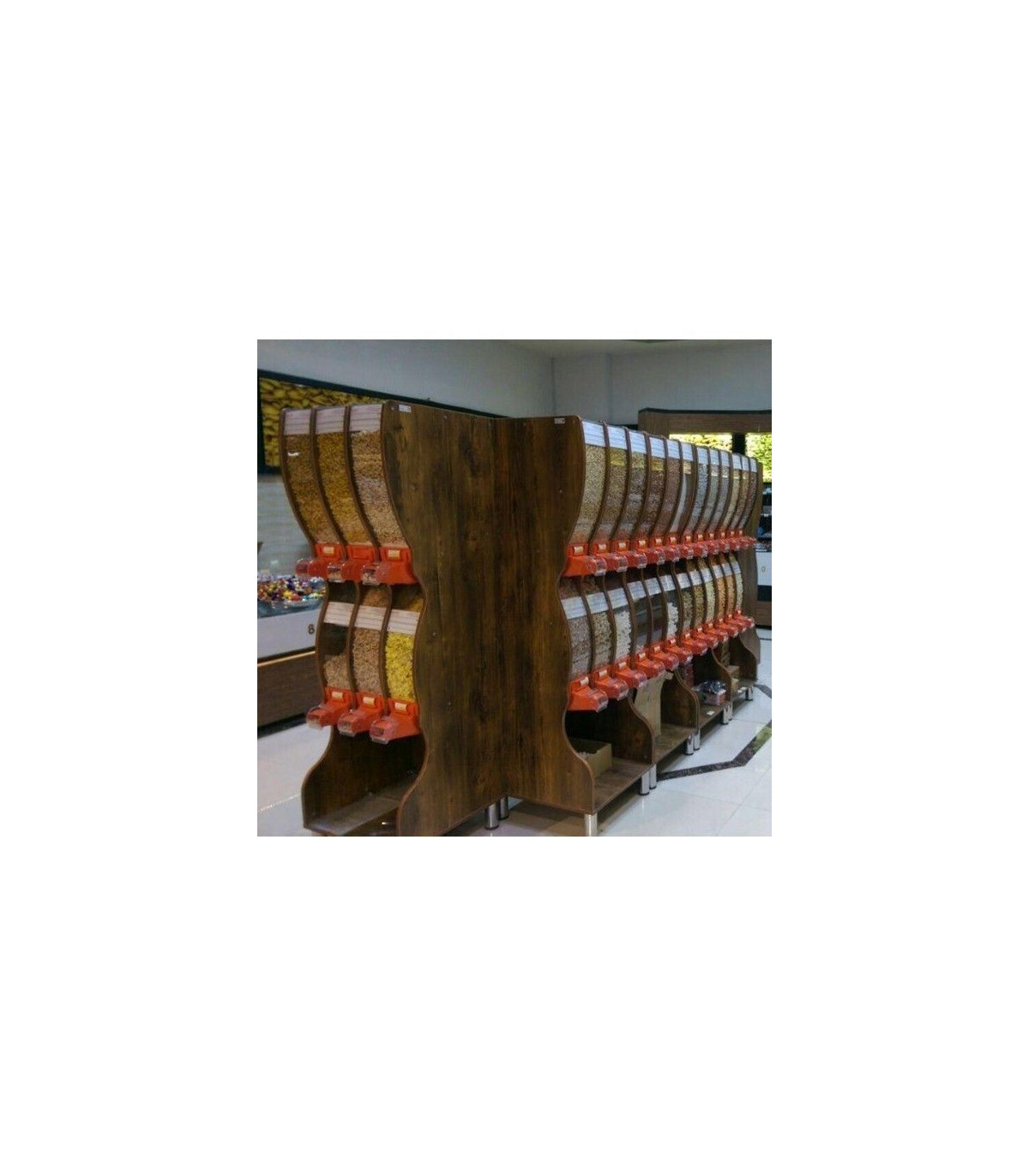 قفسه آجیل خشکبار شش مخزن الینا استند با طراحی مدرن مناسب برای فروشگاه‌ها و سوپرمارکت‌ها\n\nقفسه آجیل خشکبار الینا با شش مخزن، ان