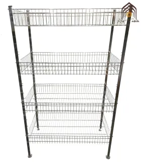 استند سبد 4 طبقه صنایع مفتولی آریا توس با طراحی کاربردی و مقاوم برای سازماندهی متنوع در منزل یا فروشگاه\n\nاستند سبد 4 طبقه برای