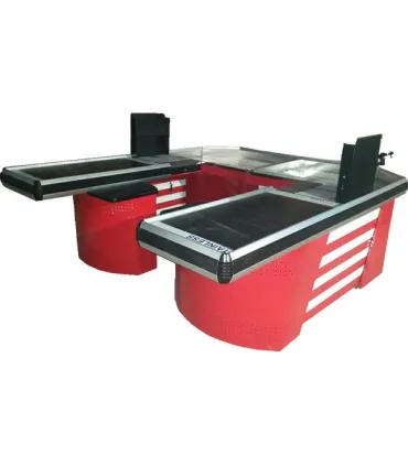 میز چک اوت نوارنقاله L، طراحی شیک و مدرن برای فروشگاه ها و مراکز خرید سامان انبار شرق طوس مشبک است.